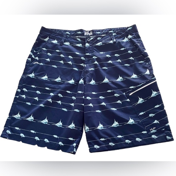 HUK Performance Fishing Shorts Men’s 40 Swordfish Print Navy Blue 11” Inseam EUC - Picture 1 of 6